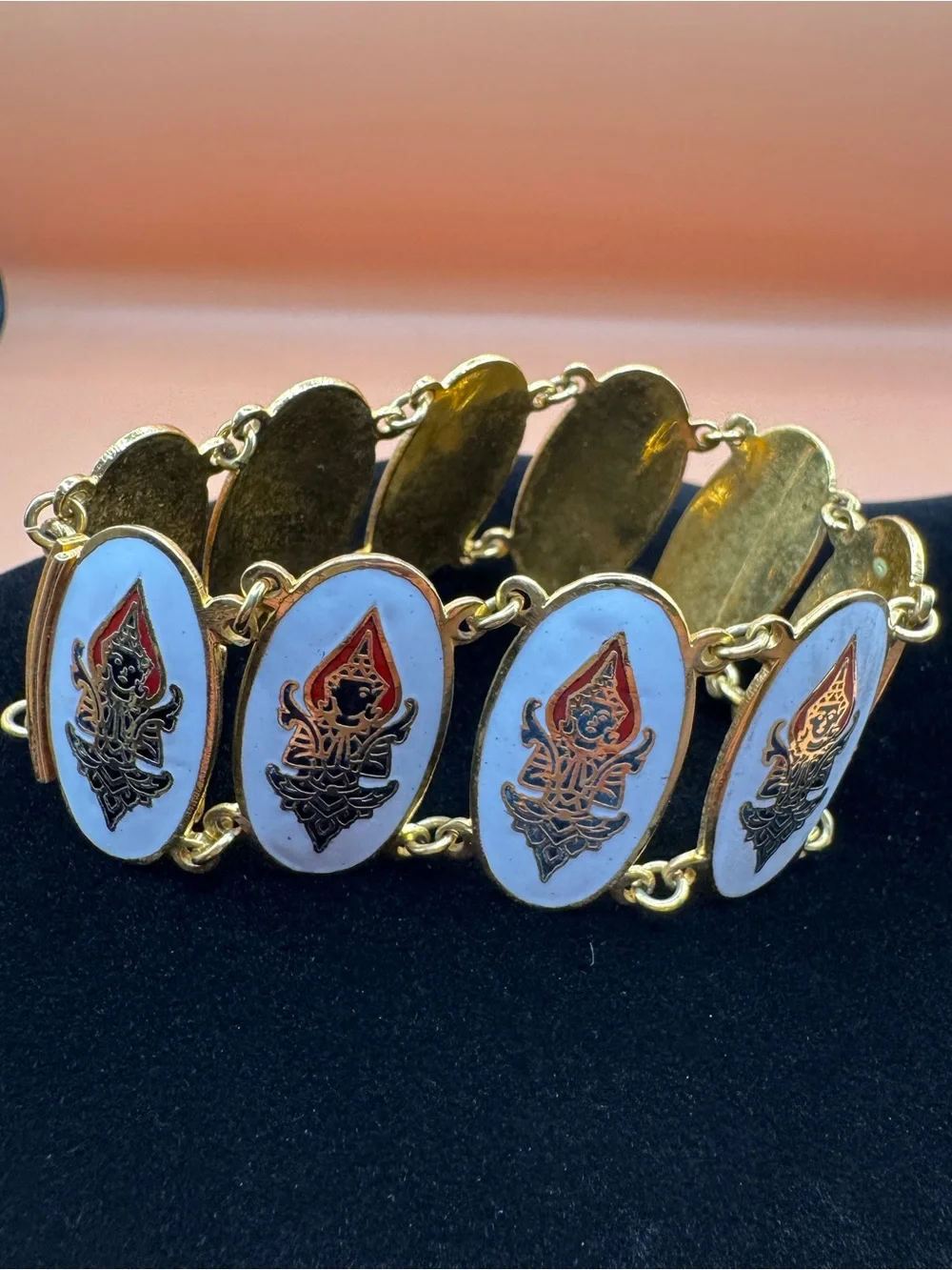 Vintage Siam Thailand Enamel Panel Bracelet Thai Dancer Gold Tone Blue